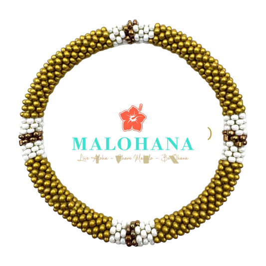 Handgemachtes nepalesisches Armband in Gold, Weiß und Braun, Unikat, Symbol für Achtsamkeit & Harmonie, Malohana