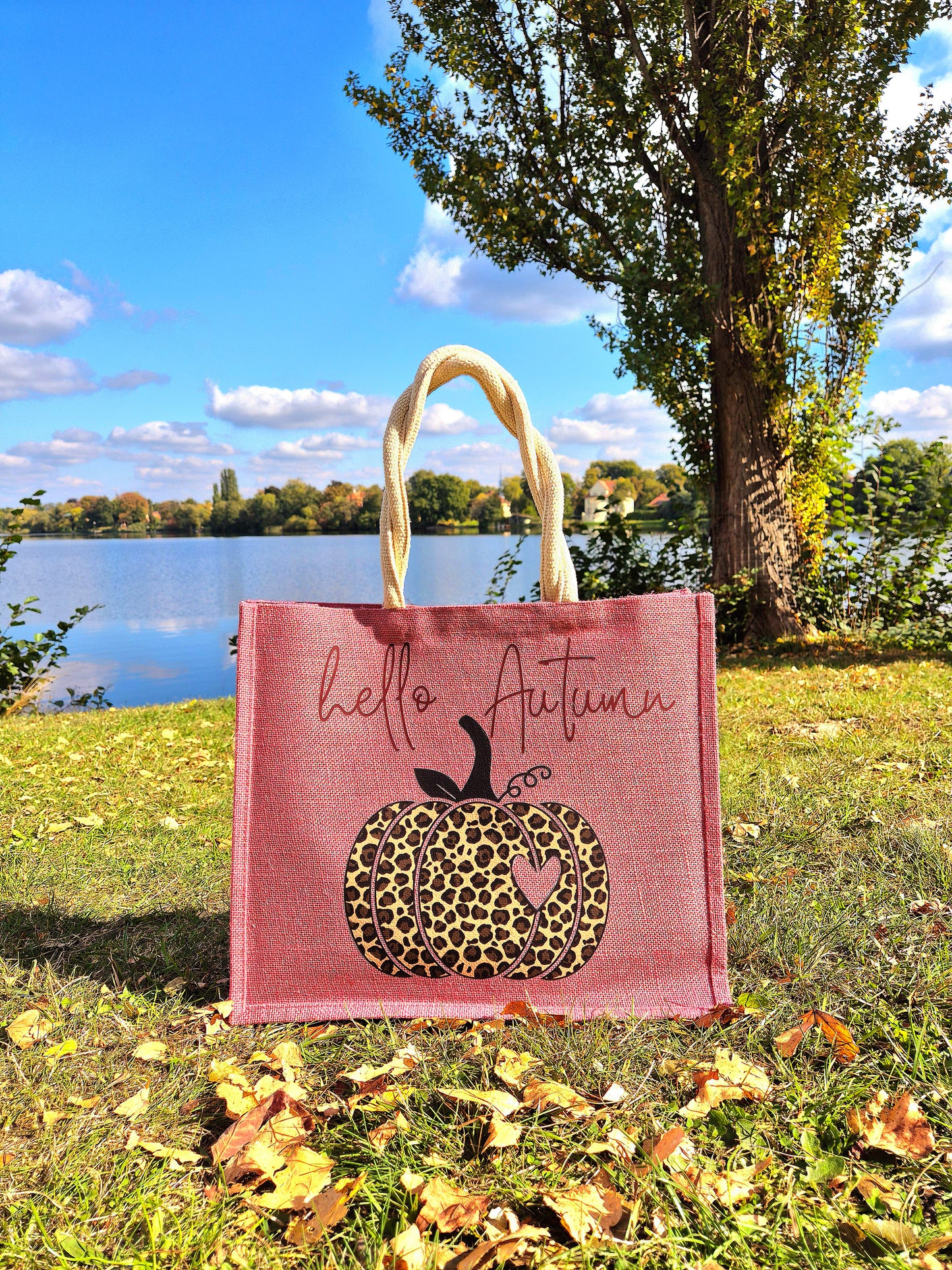 Jutetasche Herbst „Hello Autumn“ – Handgemachter Shopper aus Jute, Geschenkidee & Einkaufstasche
