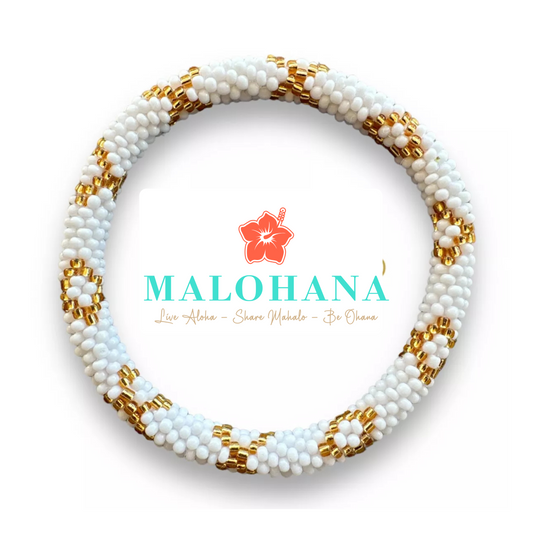 Handgemachtes nepalesisches Armband in Gold und Weiß, Symbol für Dankbarkeit, Kollektion Mahalo