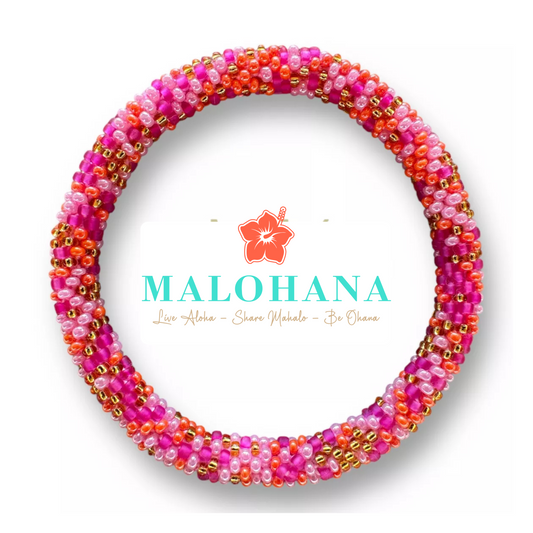 Handgemachtes nepalesisches Armband in Rosa, Rot und Gold, Unikat, Symbol für Liebe & Lebensfreude, Malohana