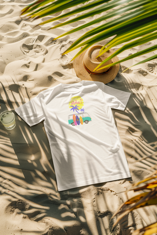 Aloha Bus T-Shirt liegt am Strand, Surfer- und Sommerfeeling, hawaiianischer Roadtrip-Vibe, Malohana