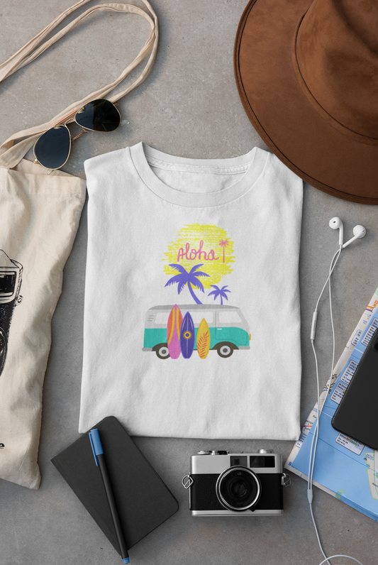 Aloha Bus T-Shirt, Solo-Ansicht, hawaiianisches Surfer-Design, Roadtrip-Feeling, Malohana