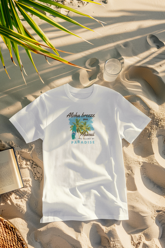 ALOHA Breeze Surfbrett T-Shirt im Sand, Sommer-Design mit Retro-Vibes, handgemacht, Malohana
