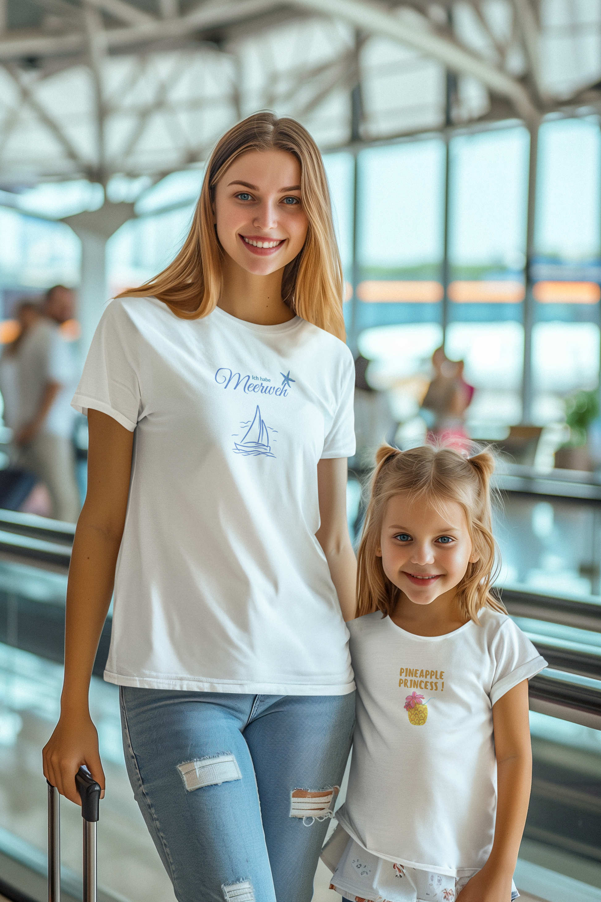 Frau mit Tochter am Flughafen trägt „Meerweh“ Shirt, Segelmotiv, Reiselust, Malohana