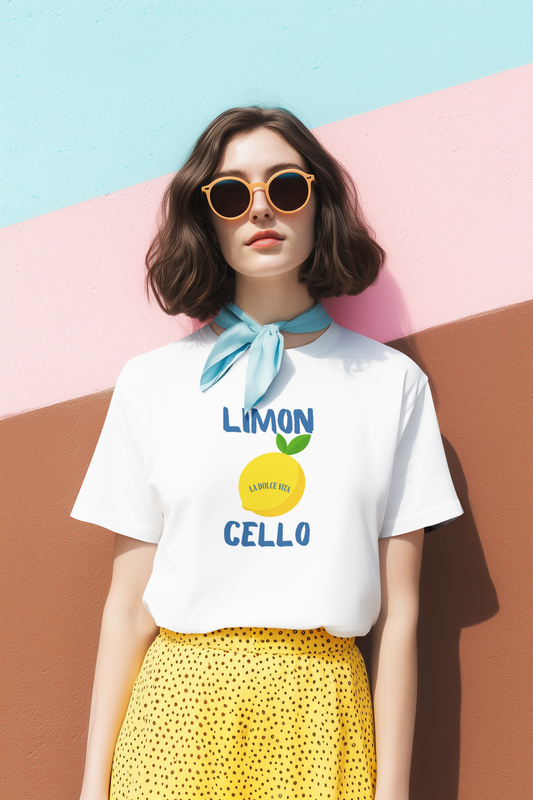 Frau mit Halstuch trägt Limoncello – La Dolce Vita Shirt, italienisches Sommerfeeling, Malohana