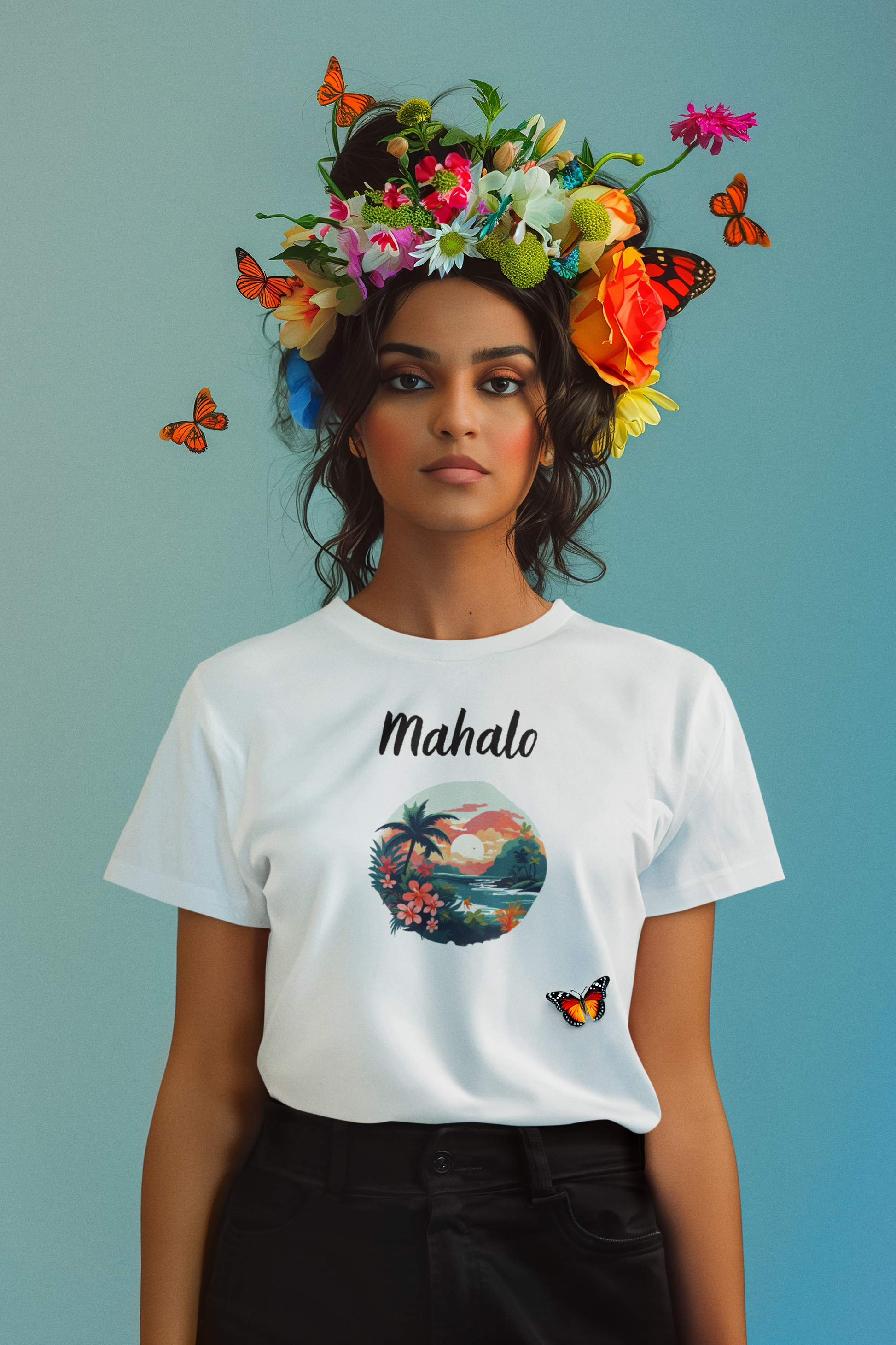 Frau mit Blumenkranz trägt Mahalo T-Shirt, hawaiianischer Sonnenuntergang, Lebensfreude & Dankbarkeit, Malohana