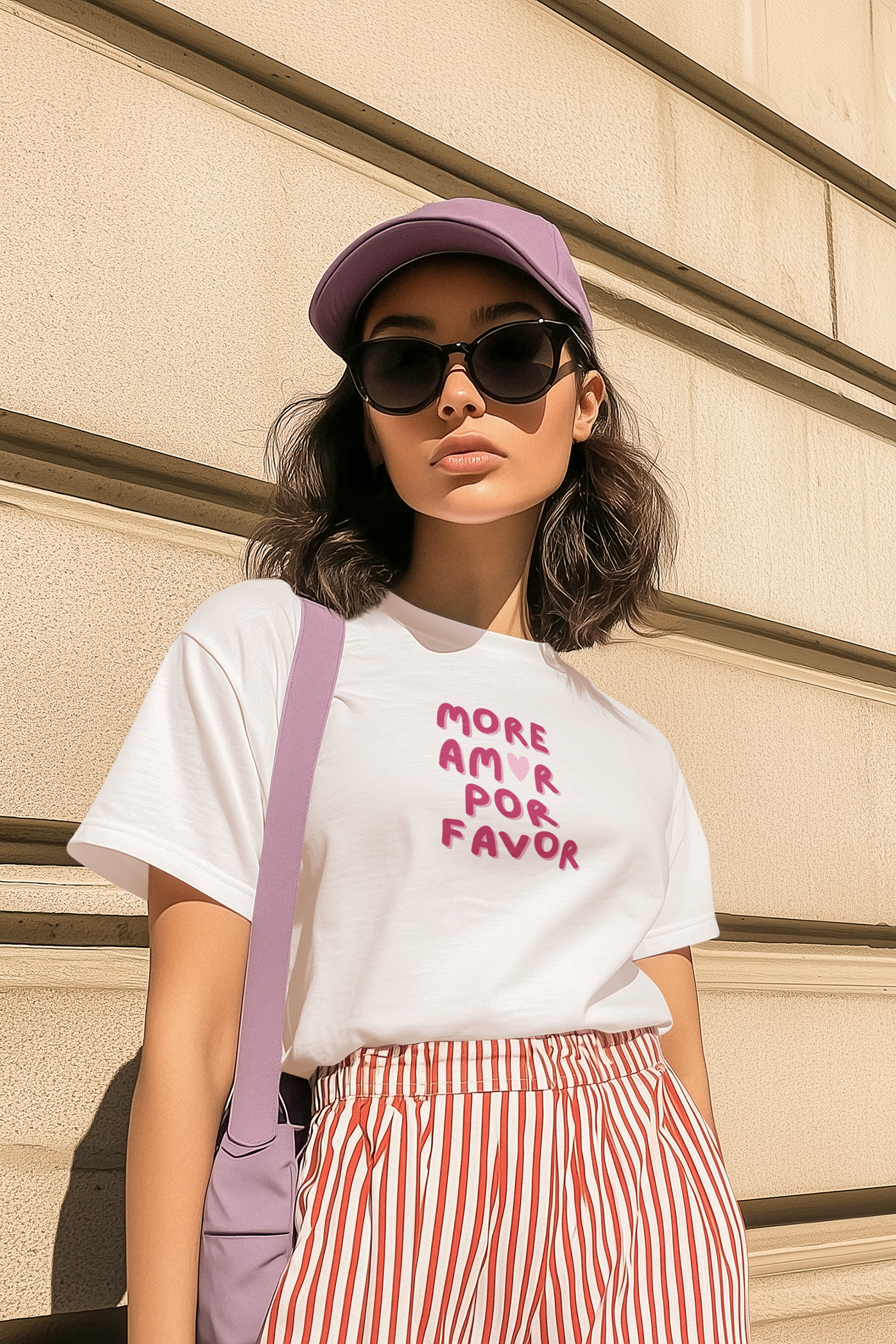 Frau mit Sonnenbrille trägt „More Amor, Por Favor“ Statement-Shirt mit Herz, Sommer-Look, Malohana