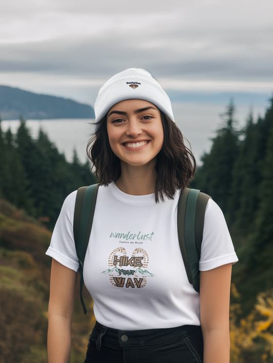 Frau mit Beanie und Rucksack trägt „Hike Your Way“ Shirt, Wanderlust, Outdoor-Abenteuer, Malohana