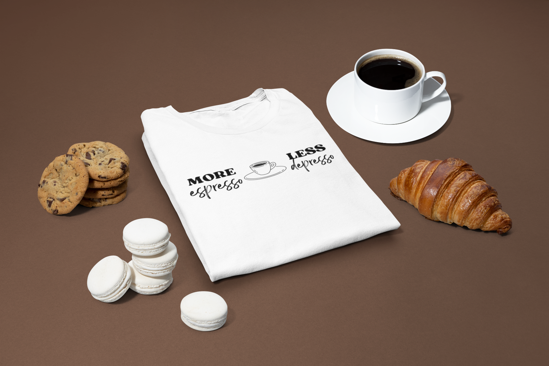 „More Espresso – Less Depresso“ Shirt, mit Gebäck und Kaffee, humorvolles Statement für Kaffeeliebhaber, Malohana