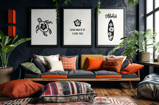 Digitales Poster-Set „Aloha-Liebe“, drei Hawaii-Motive, Boho-Deko, hawaiianisches Lebensgefühl, Malohana