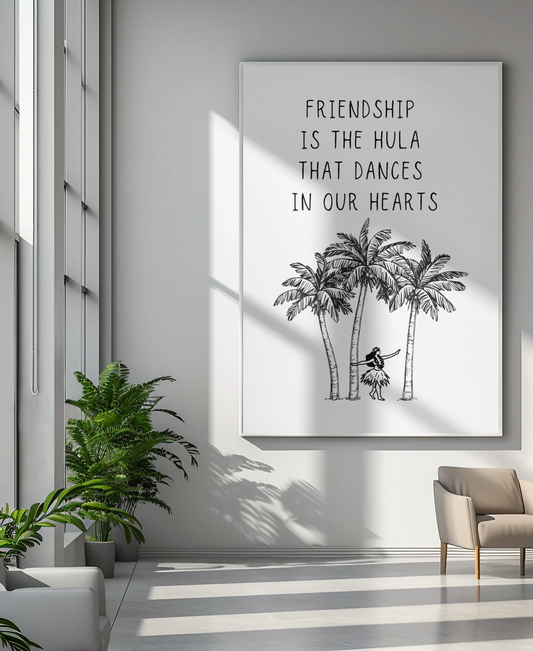 Digitales Hawaii-Wandbild „Freundschaft im Hula-Takt“, minimalistische Einrichtung, hawaiianisches Lebensgefühl, Malohana