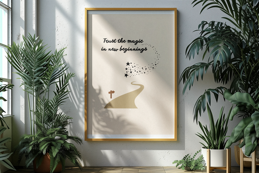 Digitales Wandbild „Vertraue dem Zauber des Neuanfangs“, Mut & Vertrauen, inspirierende Deko mit Pflanzen, Malohana