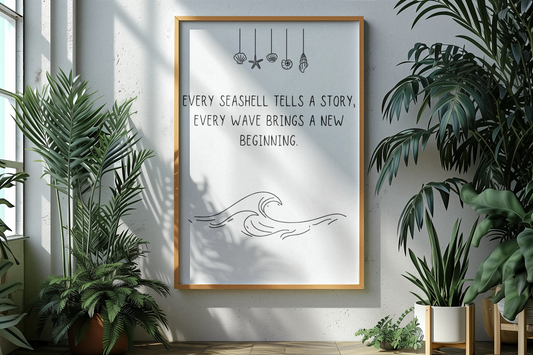 Poster „Muscheln & Neuanfang“ mit Pflanzen, Motivation für Neustart, Strandfeeling, Malohana