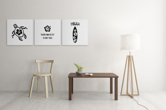Drei quadratische Hawaii-Poster „Aloha-Liebe“, modernes Wohnzimmer, digitales Set, Malohana