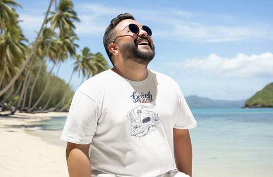 Mann sitzt am Strand im Beach Vibes Surfer T-Shirt, tropischer Sommer-Look, Malohana