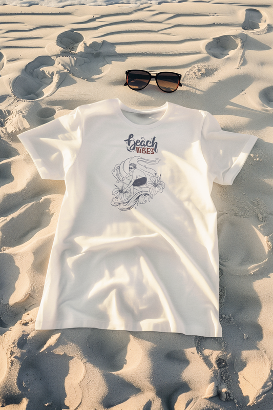 Beach Vibes Surfer T-Shirt liegt im Sand, tropisches Flair, Sommerfeeling, Malohana