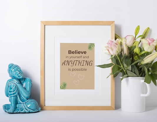 Digitales Poster „Believe in Yourself“ im Rahmen, florale Deko, Selbstliebe & Motivation, Malohana