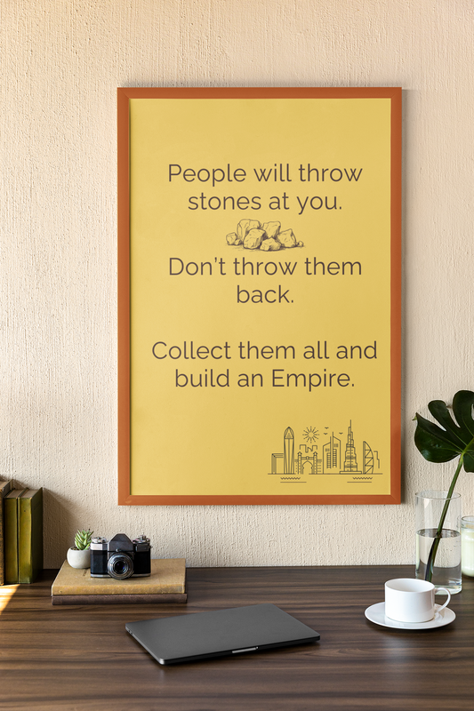 Digitales Motivationsposter „Throw Stones / Build an Empire“ als Wandbild, A4, Resilienz & Stärke