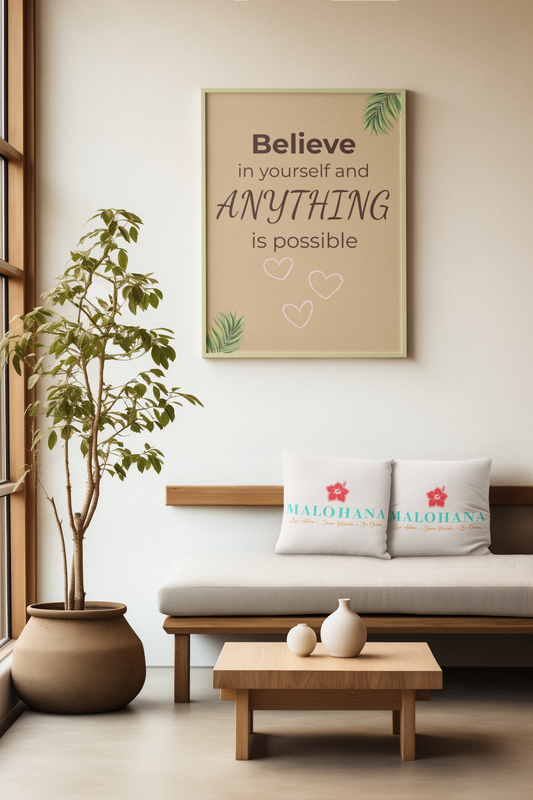 Digitales Wandbild „Believe in Yourself“ als Kissen-Print, Motivation & Selbstliebe, entspannte Wohnatmosphäre, Malohana